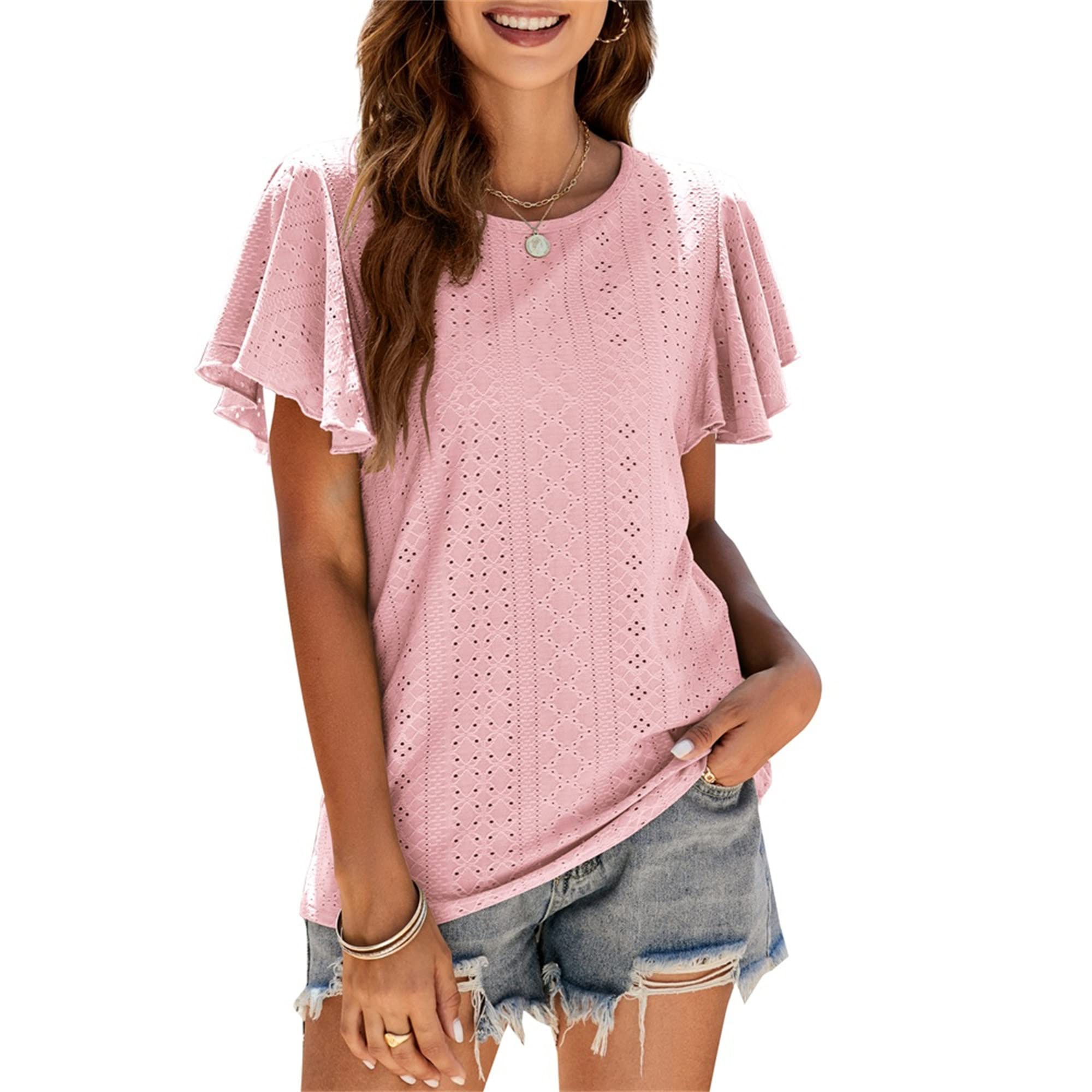 Womens Summer Ruffle Sleeve Tshirts Crew Neck Loose Fit Blouse Tops Summer Casual Cute T Shirts (XX-Large,Pink)
