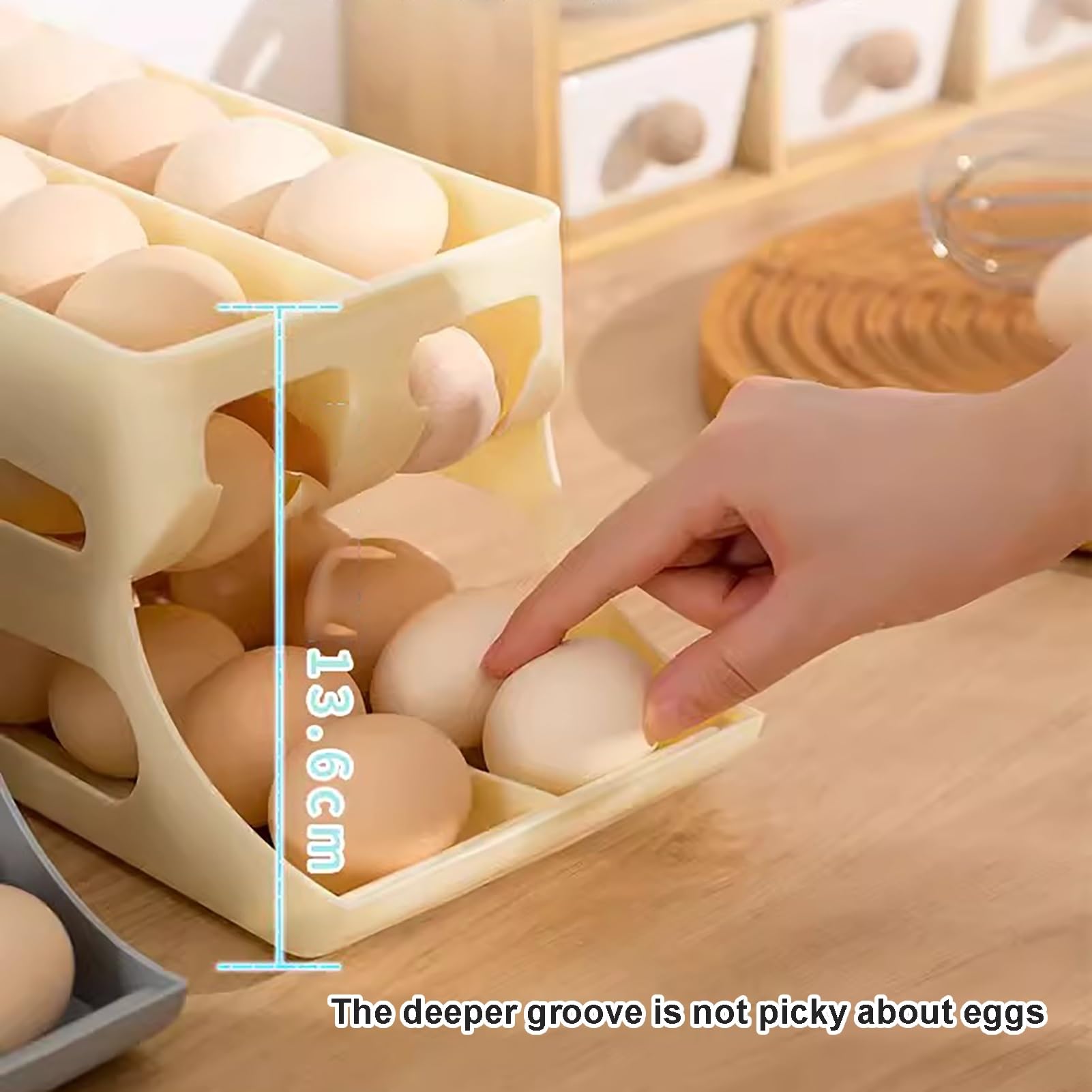 Organizador de huevos for refrigerador, dispensador automático de huevos, capacidad for 43 huevos simultáneamente, estante for huevos de gran capacidad for gabinetes de cocina(Beige)