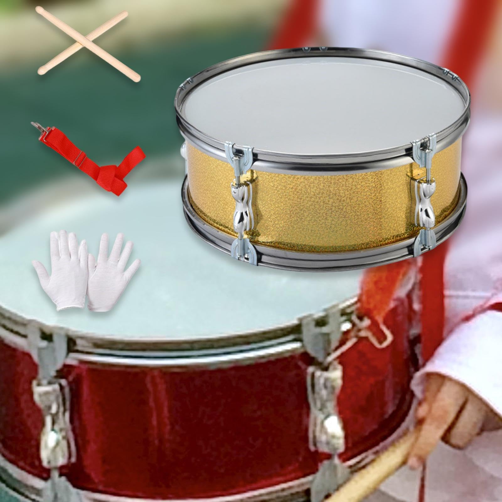 Rullante Monotono Pollici con Tracolla, Bacchette, Guanti E Tamburo - Tamburo a Cornice per Musica Tradizionale- D'oro