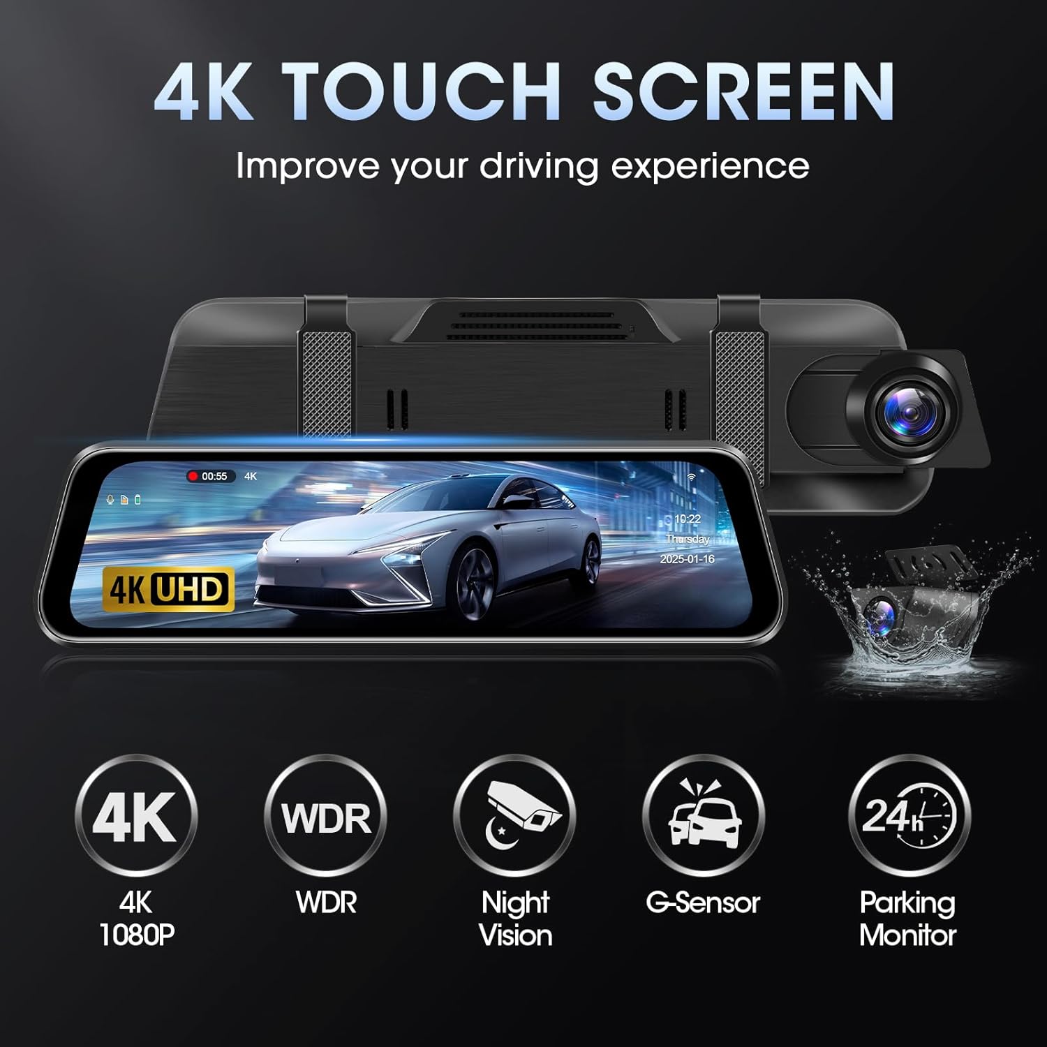 Jansite 4K Touch Screen Mirror Dash Cam with feature icons