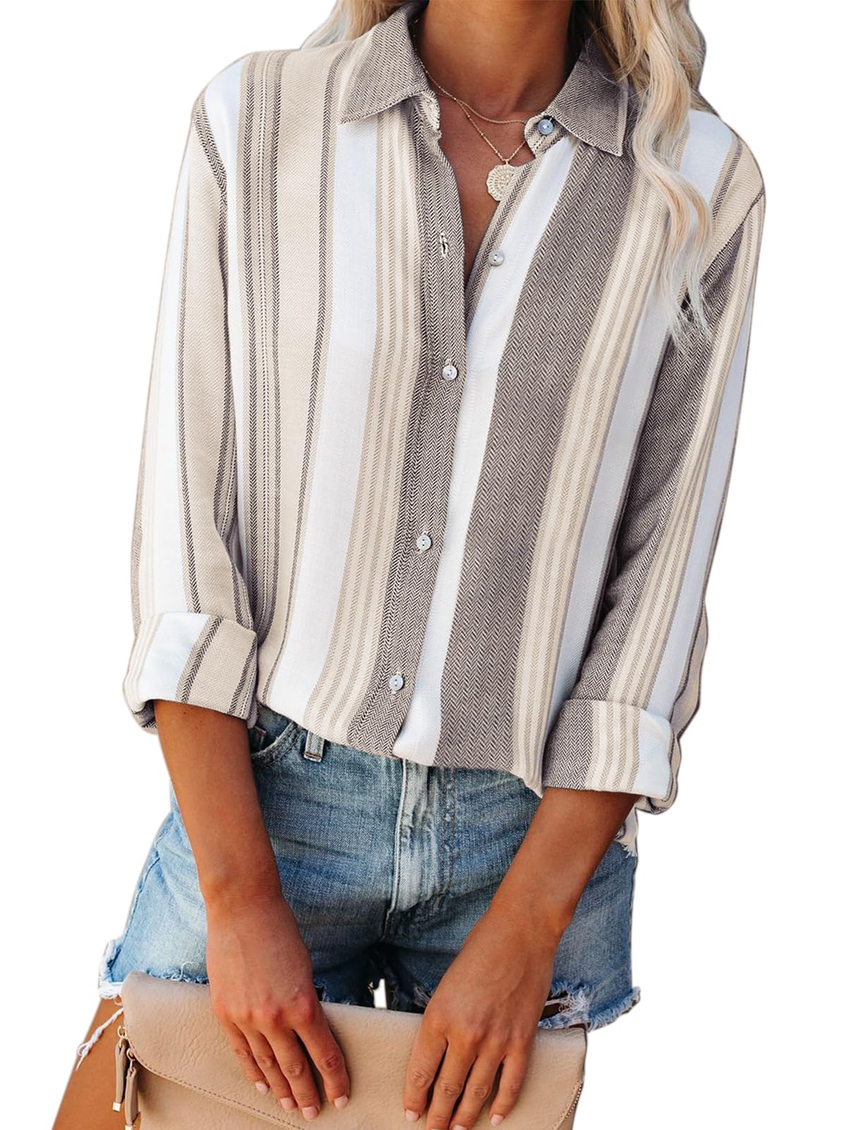 Linen Shirts for Women Button Down Shirts Long Sleeve Striped Casual Work Tops Cowgirl Western Outfits