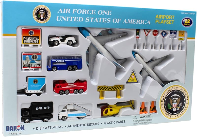 Presidential Airport 22-Piece Die-Cast Playset Toy Ages 3+ | 22-piece airport playset with presidential jets, vehicles, helicopter, and accessories. Ages 3+.