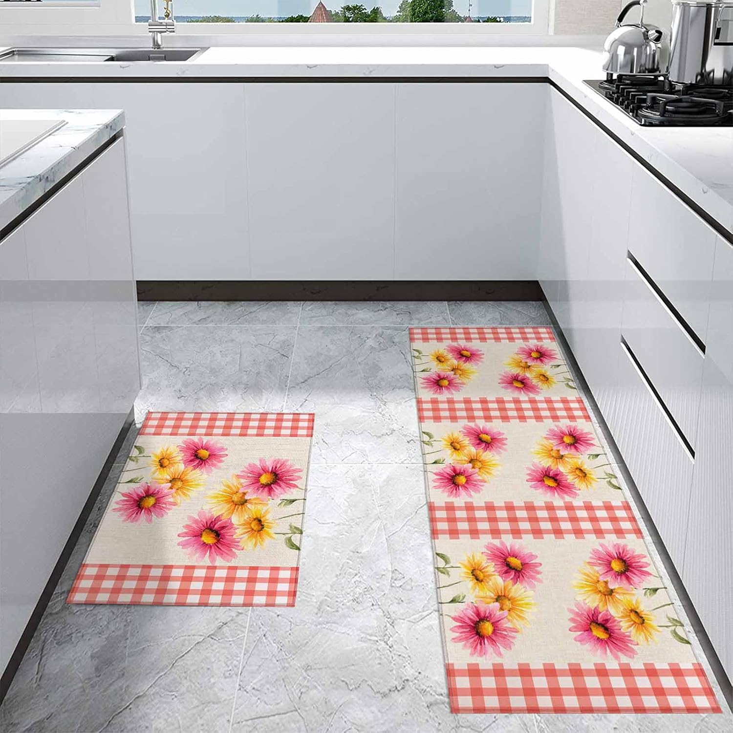 Kitchen Mats for Floor Farm Pink Yellow Daisy on Retro Linen Washable Non Slip Kitchen Rugs 2PCS, White Red Plaid Absorbent Standing Mats for Sink Bathroom Office Living Room 15.7x23.6in+15.7x47.2in