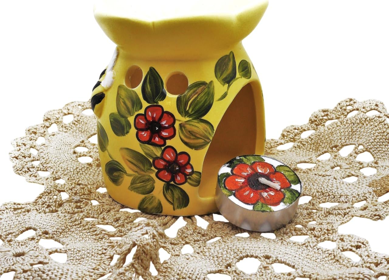 Whimsical Tea Light Candle and Ceramic Oil Wax Warmer Burner Gift Set for Women Hand Painted Flowers and Bees Bohemian Fall Decor
