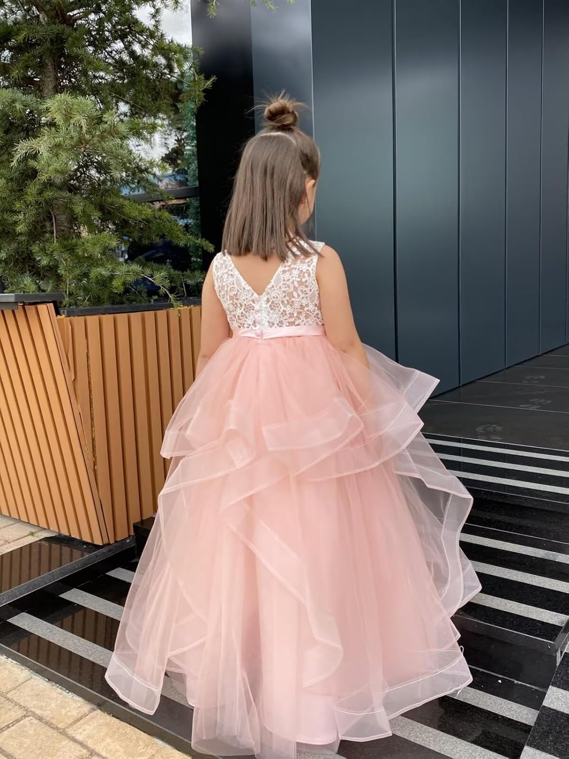 Flower Girl Dress for Wedding Lace Flower Tulle Princess Birthday Party Dresses Kids Long Prom Gown with Satin Sash