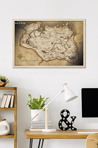 Vista 49 de The Elder Scrolls V: Skyrim - Póster de pared de mapa, 34 pulgadas de largo x 22.4 pulgadas de ancho, versión enmarcada de madera de granero Versión