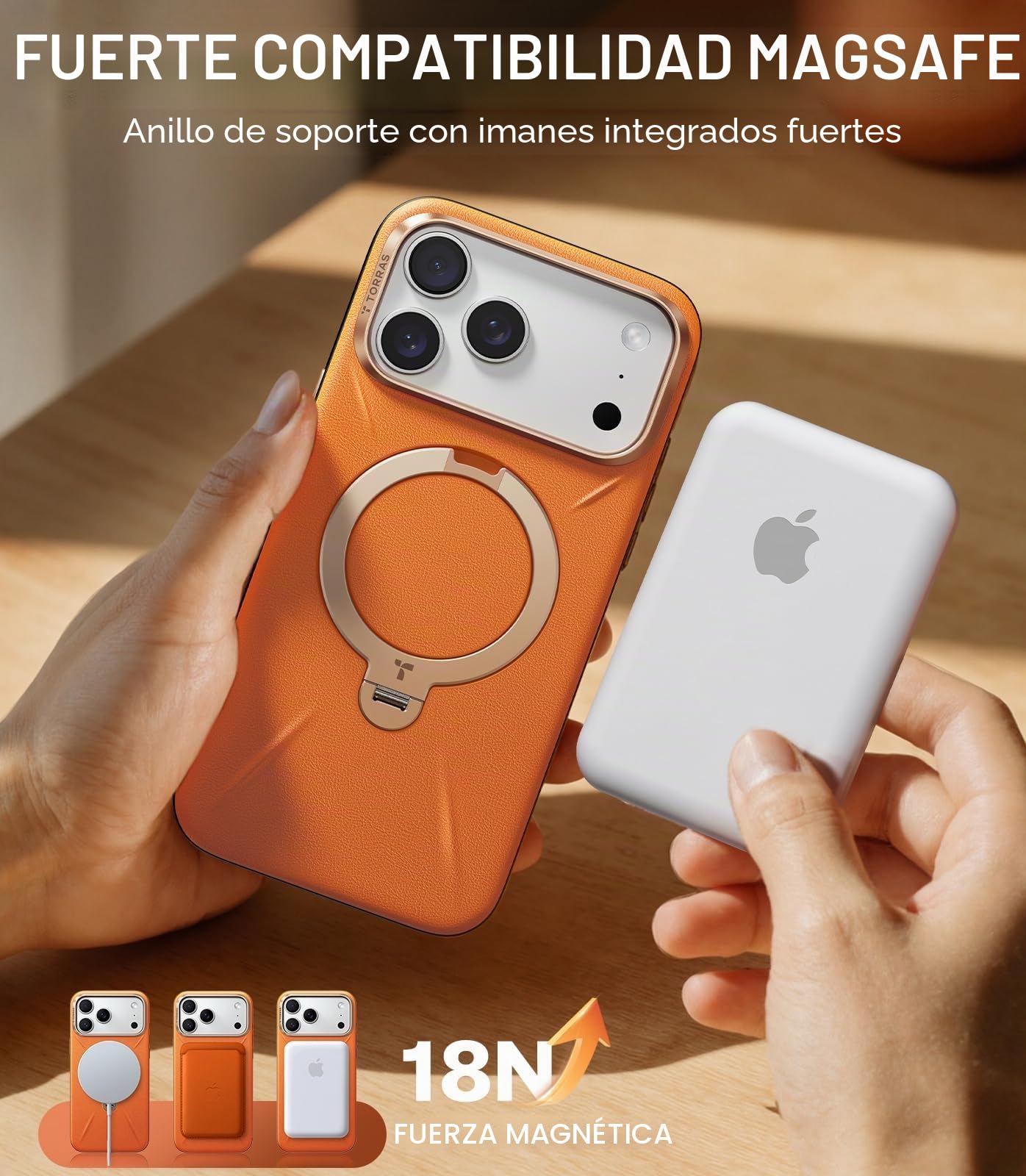 TORRAS Ostand Q3 VegSkin Funda para iPhone 17 Pro MAX [clásica Piel de Ternero][(Soporte magnético Invisible 360°] Resistente a los Golpes& arañazos, Funda para iPhone 17 Pro MAX, Naranja