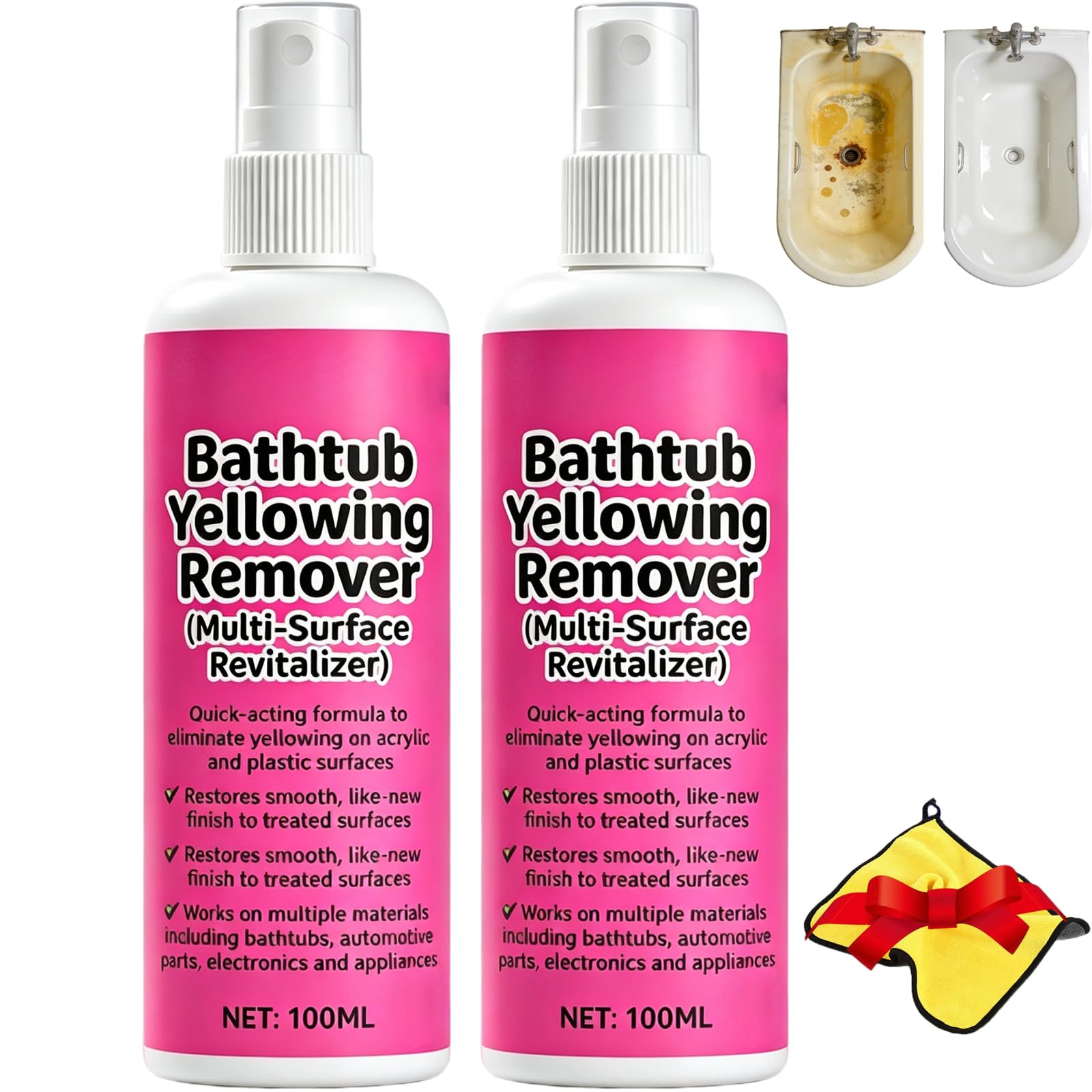 Bathtub Yellow Stain Remover, Bathtub Stain Remover Heavy Duty, Instantly Brightens Aged Plastics & Acrylics. Fast‑acting, No Scrubbing. Restore Like‑new Shine (2PCS,50ml)