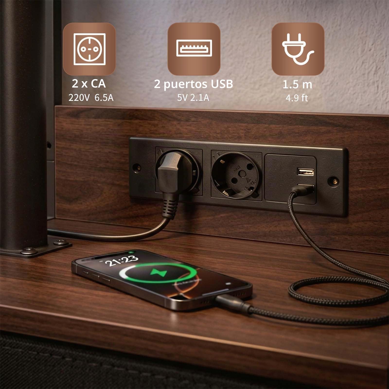 Mesita de Noche con Enchufe y USB, Mesa Auxiliar con Ruedas y Freno, giratoria 360° y Altura Ajustable, Gran almacenaje con cajón, Acabado Negro Nogal, Poste Reforzado, salón y Dormitorio