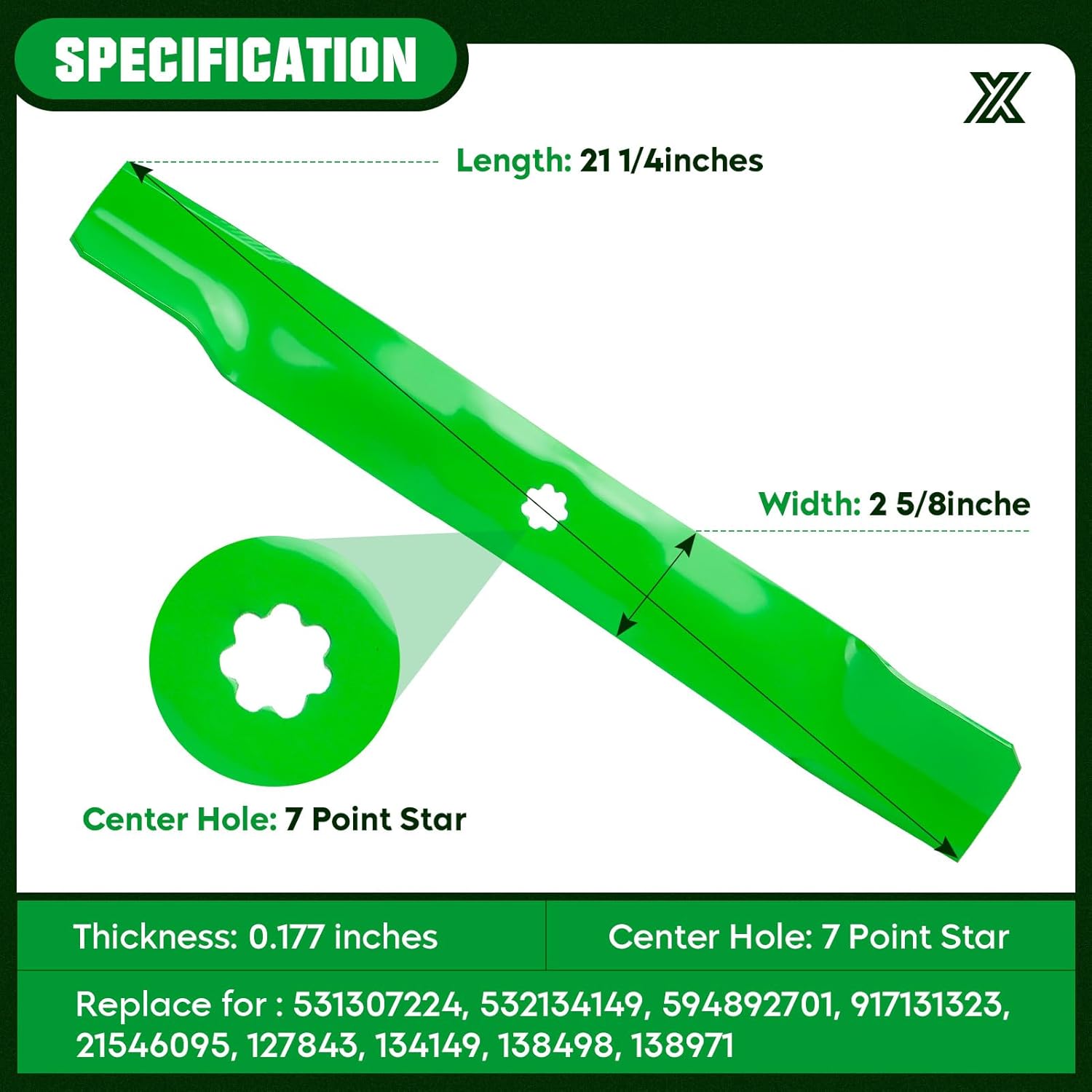 Youxmoto AM141034 42 inch Deck 7-Point Star Mower Blades for John Deere D100 D105 D110 D130 X300 Z225 LA135 Z235 42" Lawn Tractor, Replace AM137327 AM141032 M154061 2 Pack/High Lift/Green