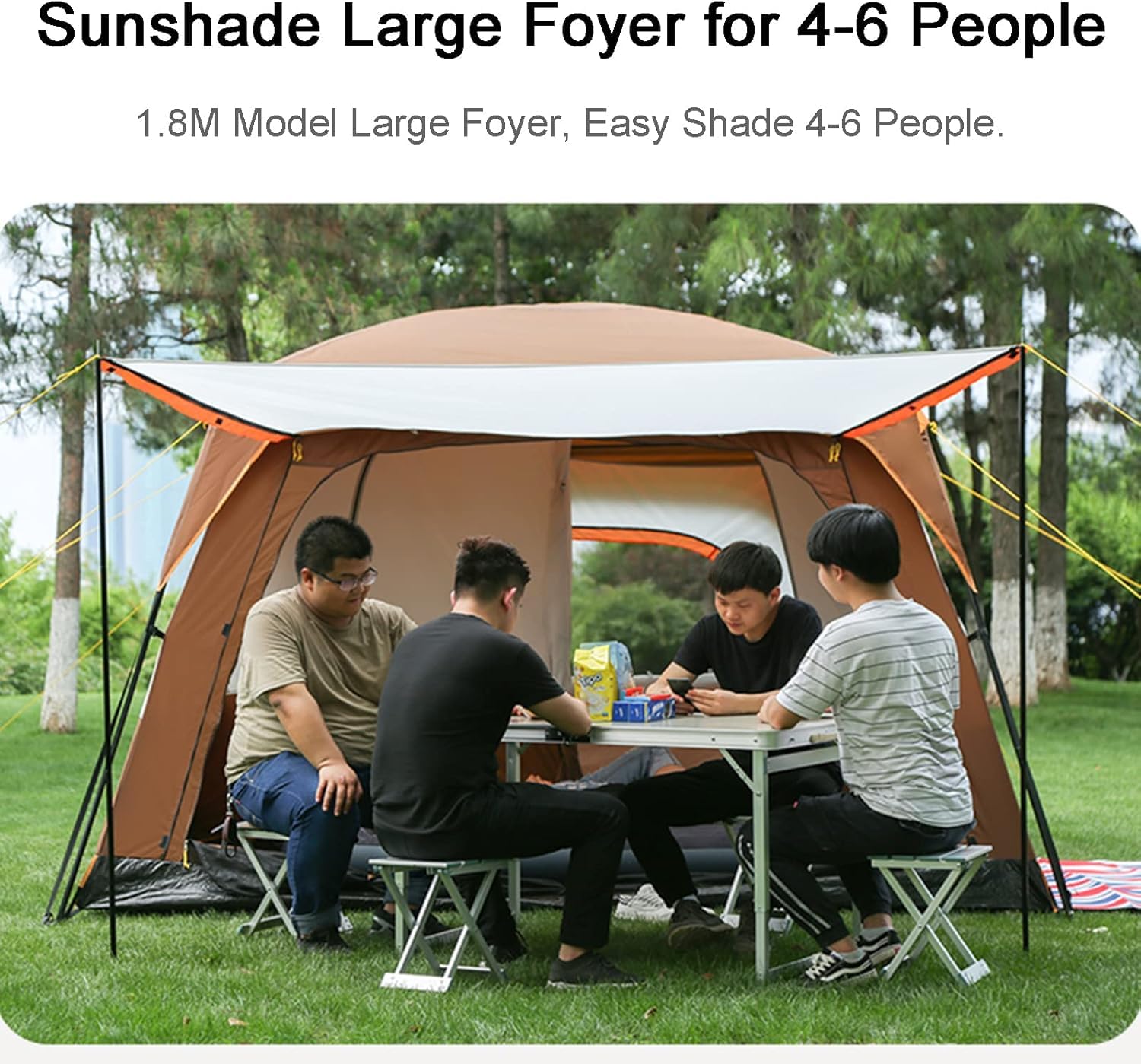 Tende da Campeggio con Portico, Tenda Istantanea Tenda da Campeggio Automatica, Impermeabile Antivento Facile da Installare in Pochi Minuti Ideale per Viaggi in Auto in Fa, Orange, 320 * 220 * 195cm