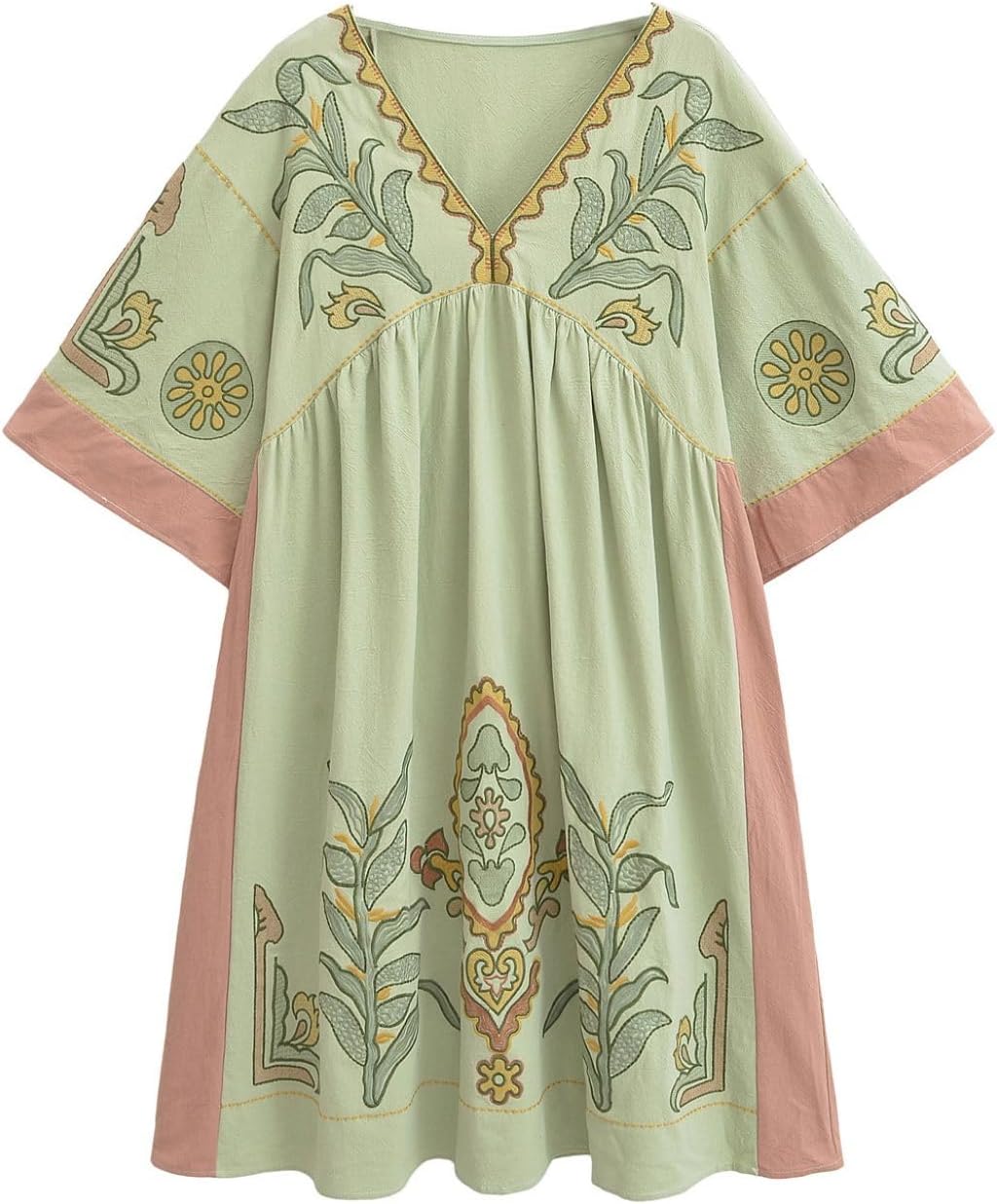 Womens Oversized Floral Embroidered Long Dress with V-Neck and 3/4 Sleeves Vintage Embroidery Babydoll Dress - Image 3