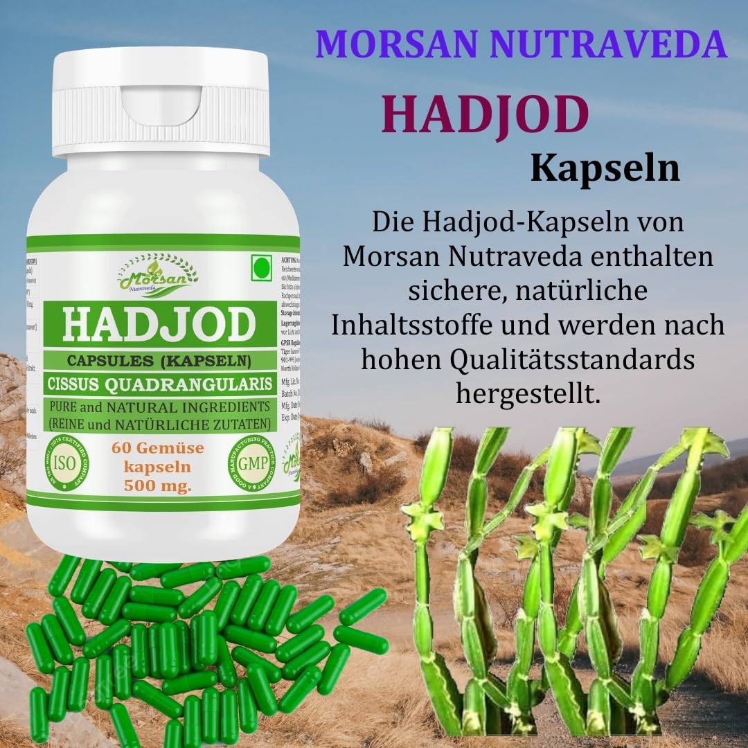 Hadjod (Cissus Quadrangularis, Harjor) Capsules | 500 mg. - 10:1 Potent Extract | Ayurvedic Herbal Supplement | 60 Vegan Capsules for Men & Women (Pack of 1 Bottle)