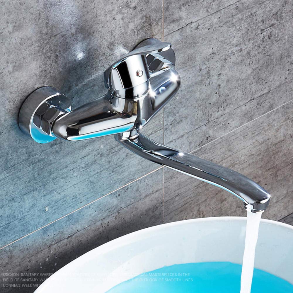 Robinet mural cuisine grand col de cygne orientable en cuivre chrome eau chaude et froide