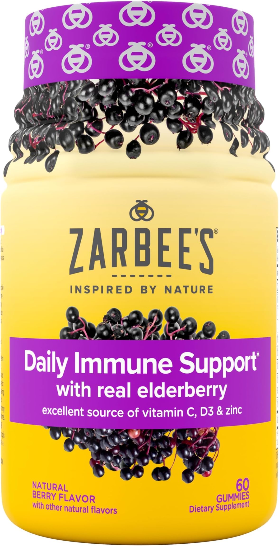 Zarbee’s Elderberry Gummies Daily Immune Support Supplement with Vitamins A C D E & Zinc, Black Elderberry Extract, Natural Berry Flavor, Vegetarian, Gelatin-Free, 60 ct