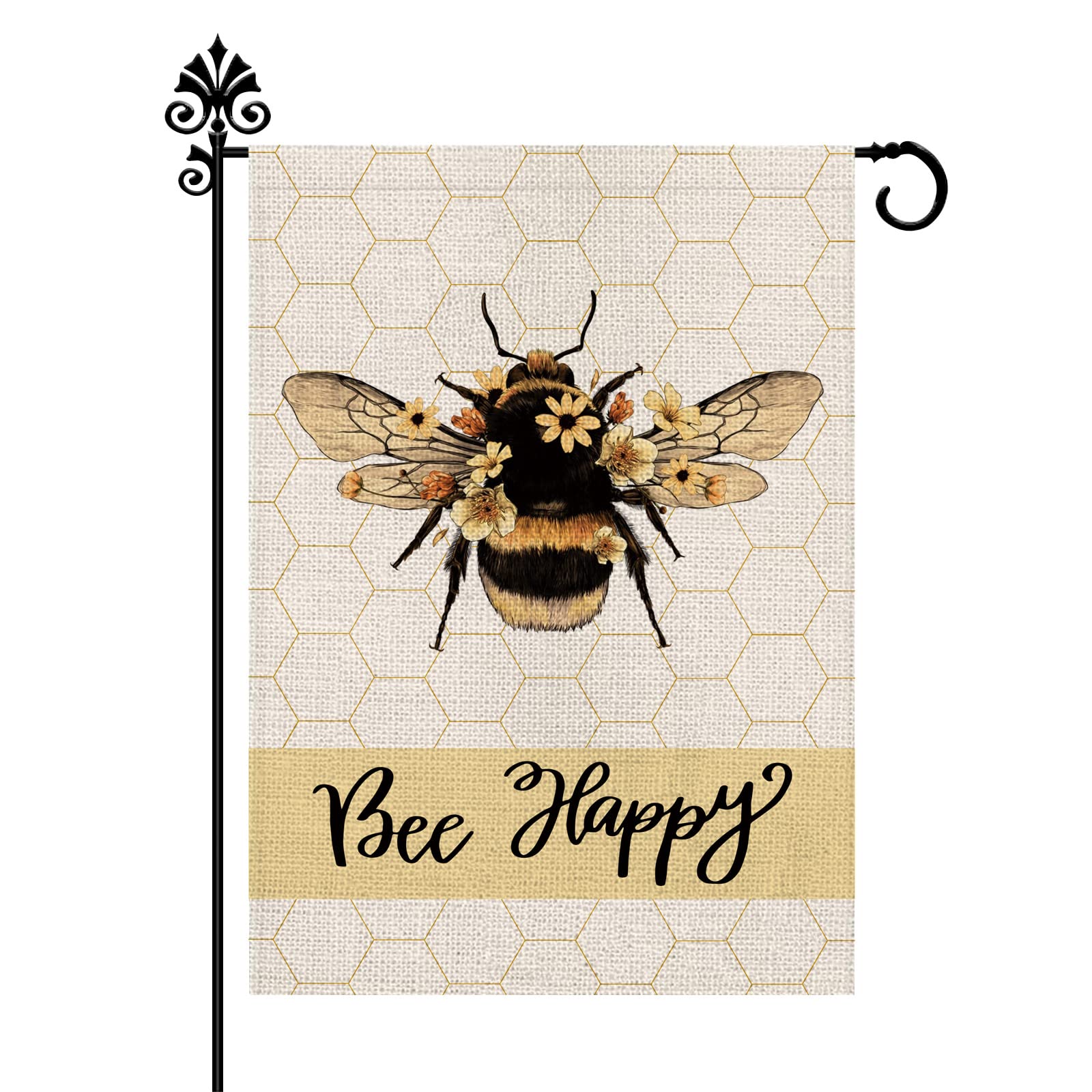 JIMOWANG Spring Bee Happy Flower Burlap Garden Flag Double Sided Outdoor Decorative Yard Flag 12"x18" Porch Patio Banner Flags