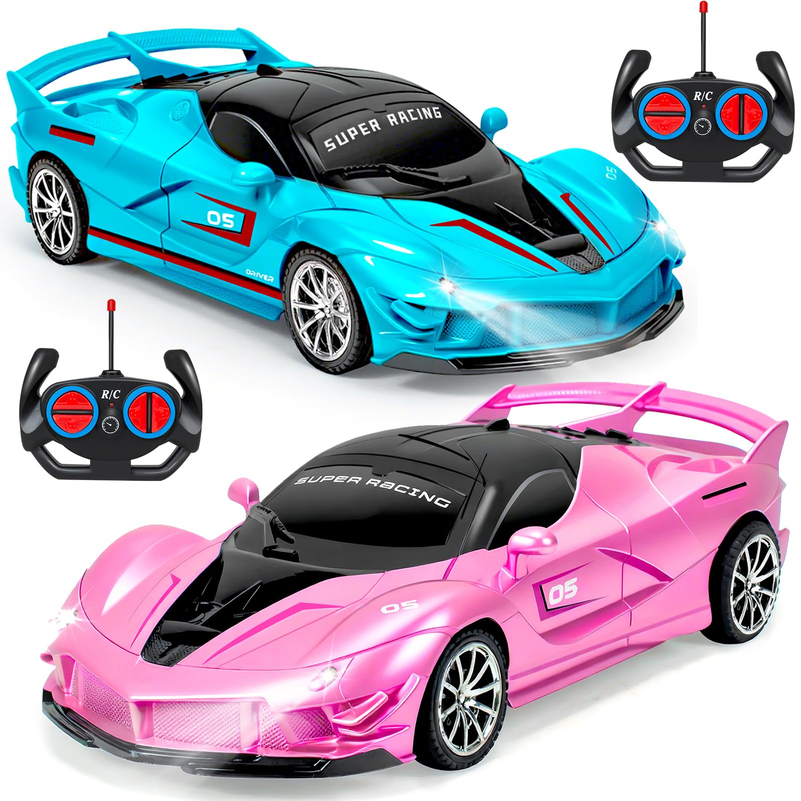 2 Pack Remote Control Car for Girls 3-5, 1:18 Scale Hobby RC Cars Toys for Kids Toddlers Age 3 4 5 6 7 8-12 Year Old- Model Sports Racing Car with Headlights Christmas Birthday Gift, Pink & Blue