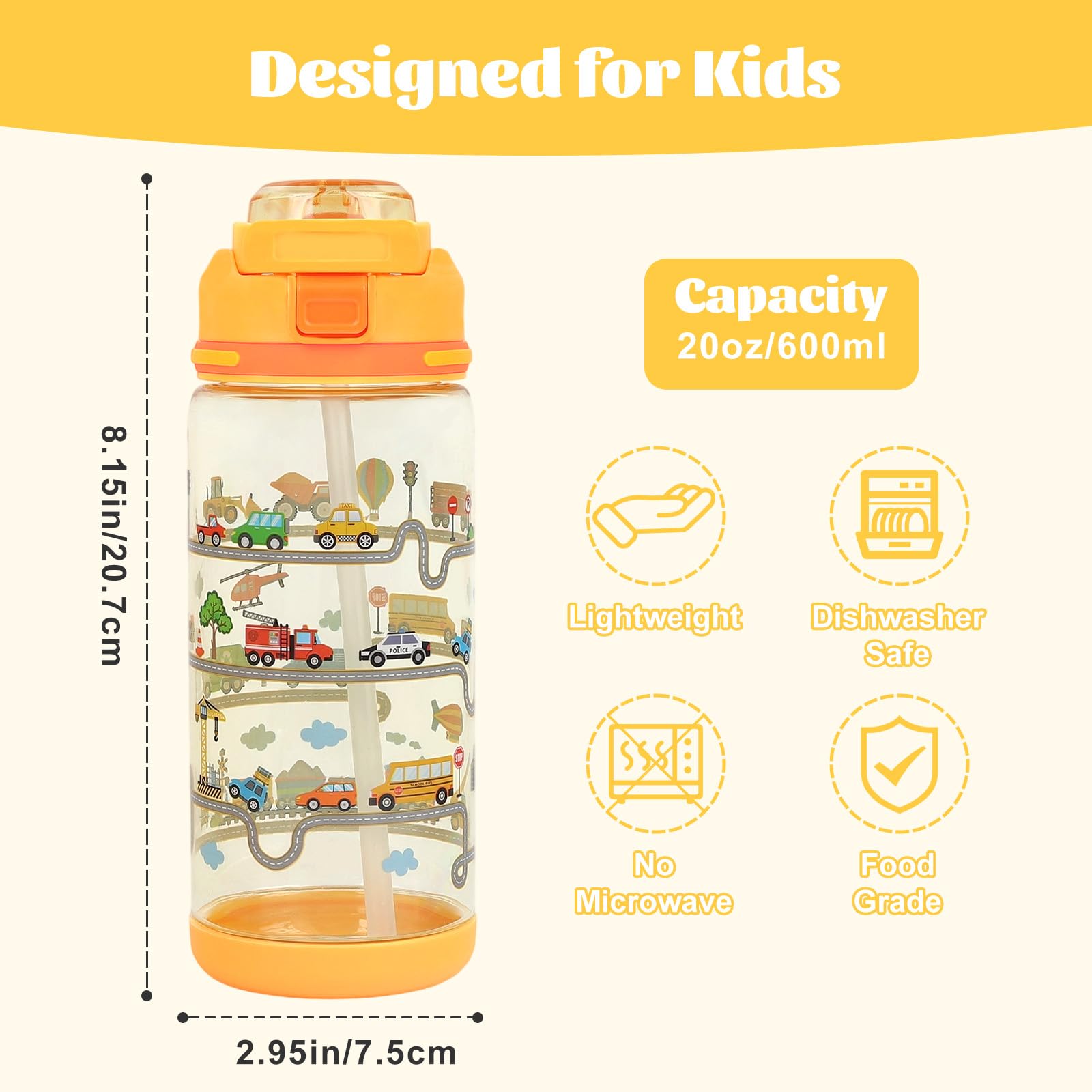 Gourde Enfant Anti-Fuite 600ml avec Paille Verrouillage Sécurisé Bouteille École Sport Filles Garçons Véhicule