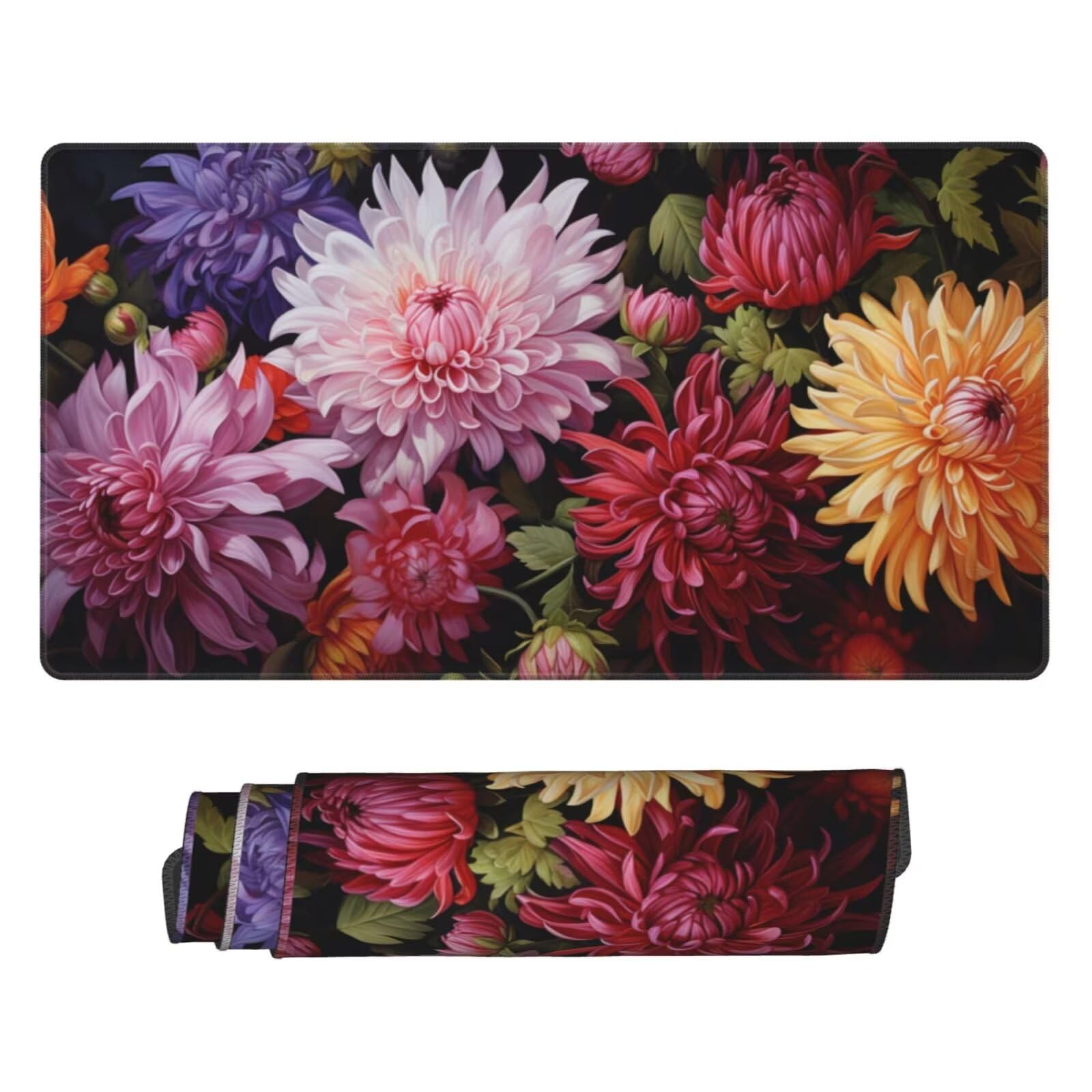 Gaming Mauspad XXL 1200x600x3mm Mousepad Verlängertes Groß Mauspad Schreibtischauflage,Genähte Kanten rutschfeste Gummibasis,Verbessert Präzision Geschwindigkeit Office Farbige Chrysanthemen L-2508