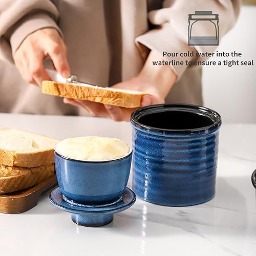 Miniatura 5 de Hasense Mantequera de cerámica con tapa de bambú, recipiente grande para mantequilla y cuchillo, elegante soporte para mantequilla para encimera de