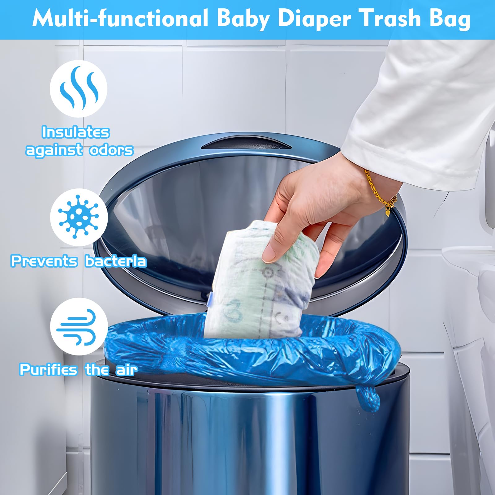 12 Recambios para Cubos de Pañales, 4.5m Recambio Contenedor Pañales, Barrera de Olor Súper Fuerte, Compatible con la mayoría de las papeleras, Azul claro