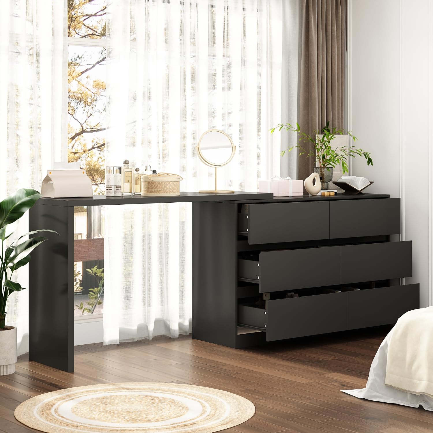 Amazon.com: TAMUNE L-Shaped Dressing Table with 6 Drawers, Extendable Vanity  Desk and Dresser Combo, Wood Vanity Dresser Makeup Desk, Wide Desktop for  Bedroom Dressing Room Black (51.2”W x 47.2”D x 32.7”H) :
