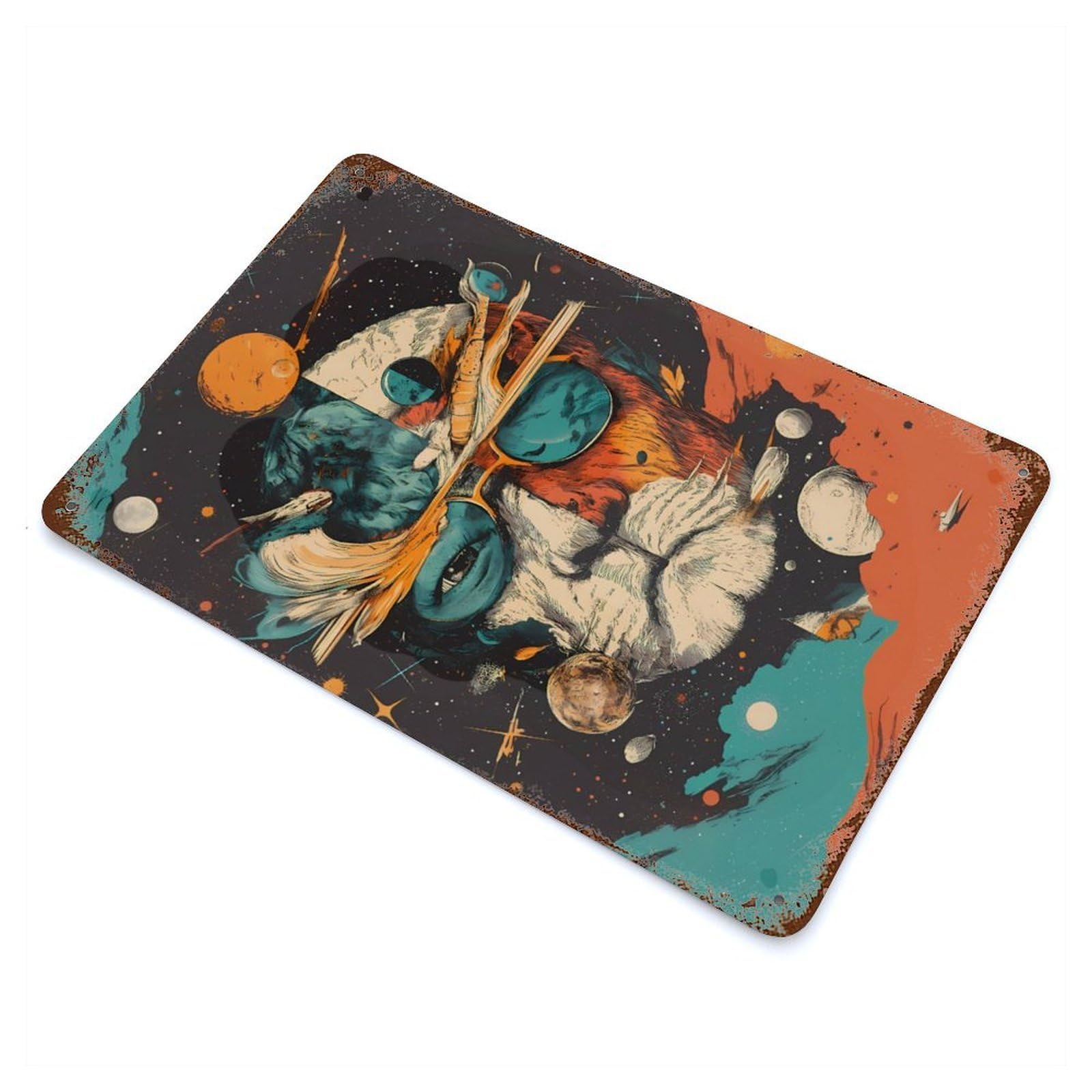 Rusty Metal Tin Sign Cosmic Lion Abstract Space 11.8"x7.9", Industrial Home Decor for Patio, Garden Room And Bar Decor