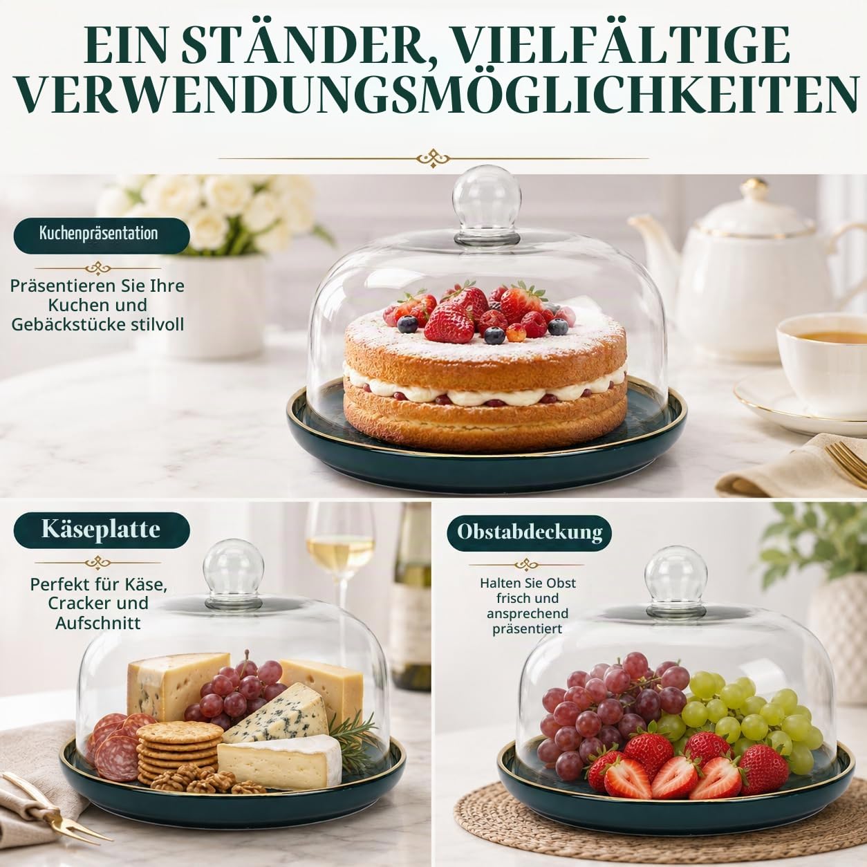 Cabilock Cabilock Kuchenständer Mit Glasglocke, Keramik Tortenplatte 10 Zoll, Grüne Keramik-Tortenplatte mit klarer Glasglocke für Kuchen, Käse und Desserts