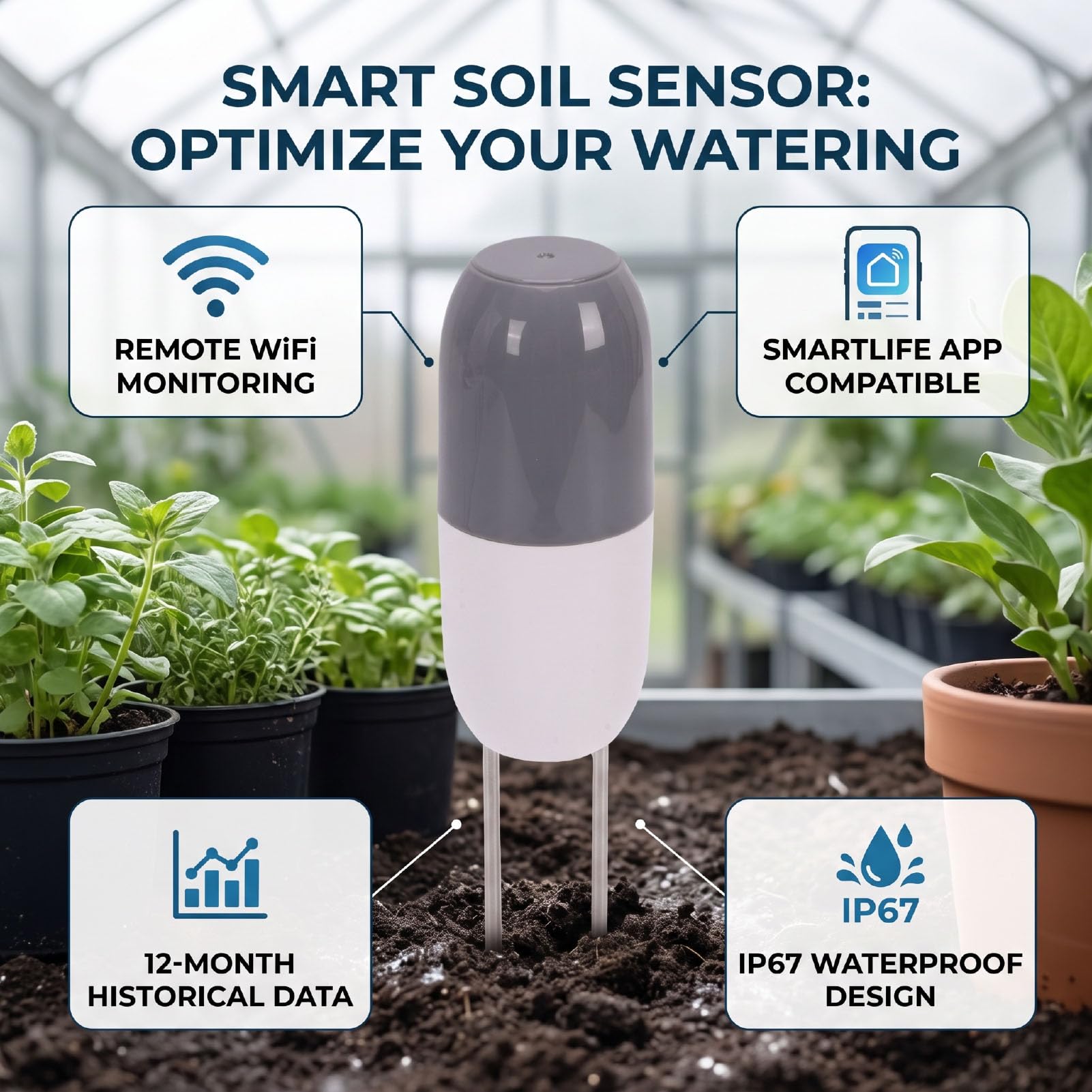 Sensor Inteligente de Humedad y Temperatura del Suelo ABS Wi Fi | Probador de suelo con sonda IP67, monitoreo de 32 a 140 °F, registros de datos de 12 meses, para jardines, plantas en