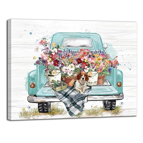 LAIART Old Truck with Flowers Farmhouse Rustic Style Decor Canvas