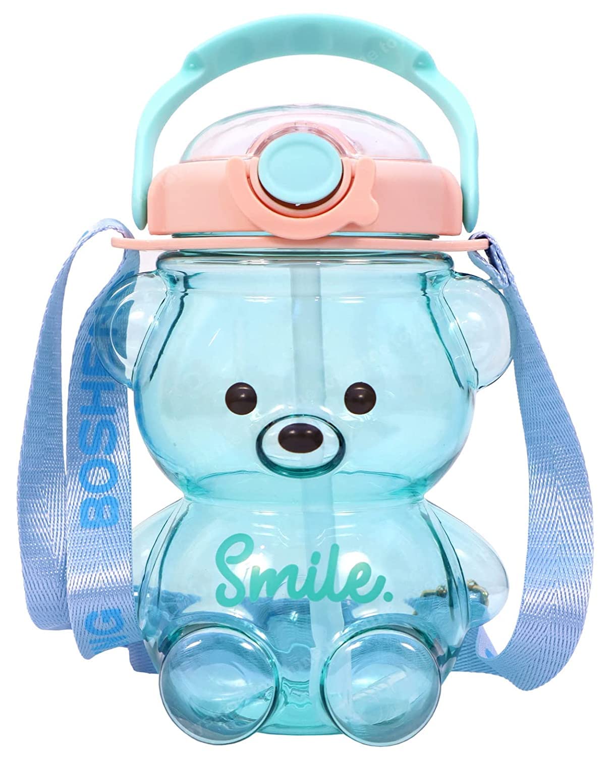 Toyshine Smile Bear 1000 ML Kids Water Bottle With Spill Proof Straw, Pop Button, BPA Free - Featuring Soft Handle Grip and Strap Children's Drinkware, Blue B-image-1