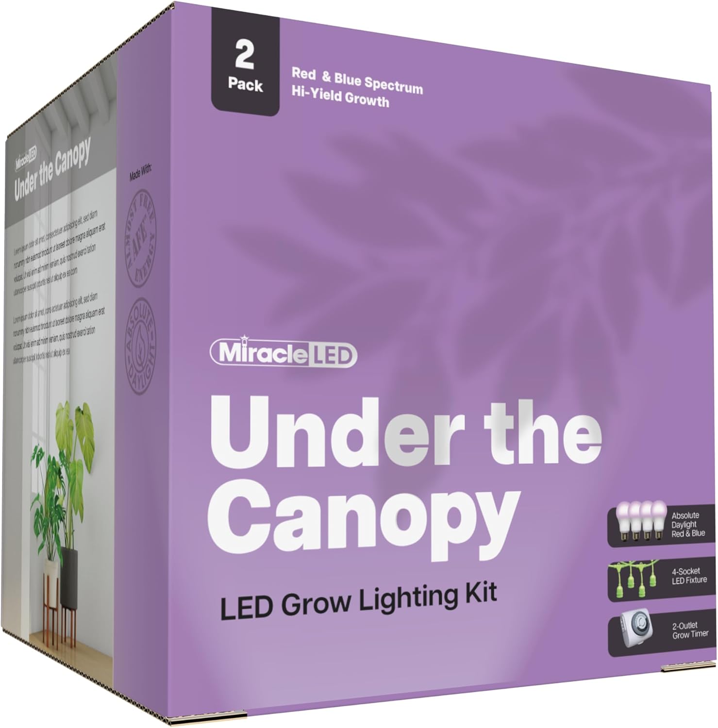 Miracle LED Under The Canopy Indoor Grow Light Kit - Double Plant Yield - Absolute Daylight Red & Blue Spectrum 150W Replacement Grow Bulbs & 4-Socket Corded Fixture with SproutMatic Timer (2-Pack)