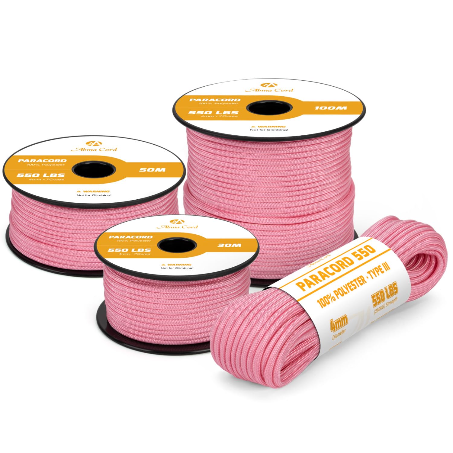 Abma Cord 550 Paracord 4mm 15m Rope 7 Strands Type III Parachute Cord for Crafting, Camping, Survival, Outdoor - Max. 250kg - Rose Pink