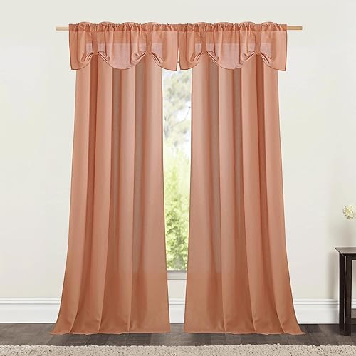 NICETOWN 2 paneles de cortinas de lino con ojales de 55 x 54 pulgadas con 1 panel de cenefa de lino de 52 x 18 pulgadas, terracota