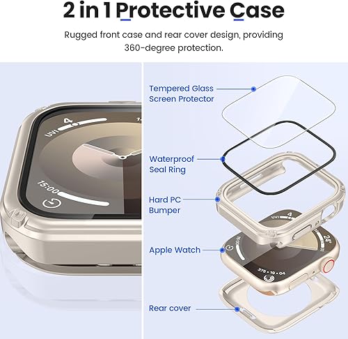 Miniatura 3 de Goton Funda resistente 2 en 1 impermeable para Apple Watch Series 8 Series 7 1.614in, protector de pantalla de vidrio 360, parachoques duro de
