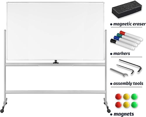 Miniatura 5 de INNOVART Pizarra blanca móvil de 72 x 40 pulgadas, pizarra magnética de borrado en seco de doble cara reversible de 360 con soporte rodante portátil
