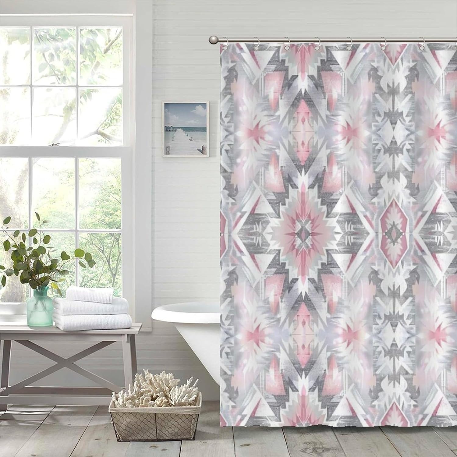Bathroom Curtains Shower Curtain Set Pink Abstract Geometric Ikat Fabric Shower Curtain Liner Waterproof Bathtubs Decor with Hooks Decoration for Bathroom Bathtubs 72x92 Inch