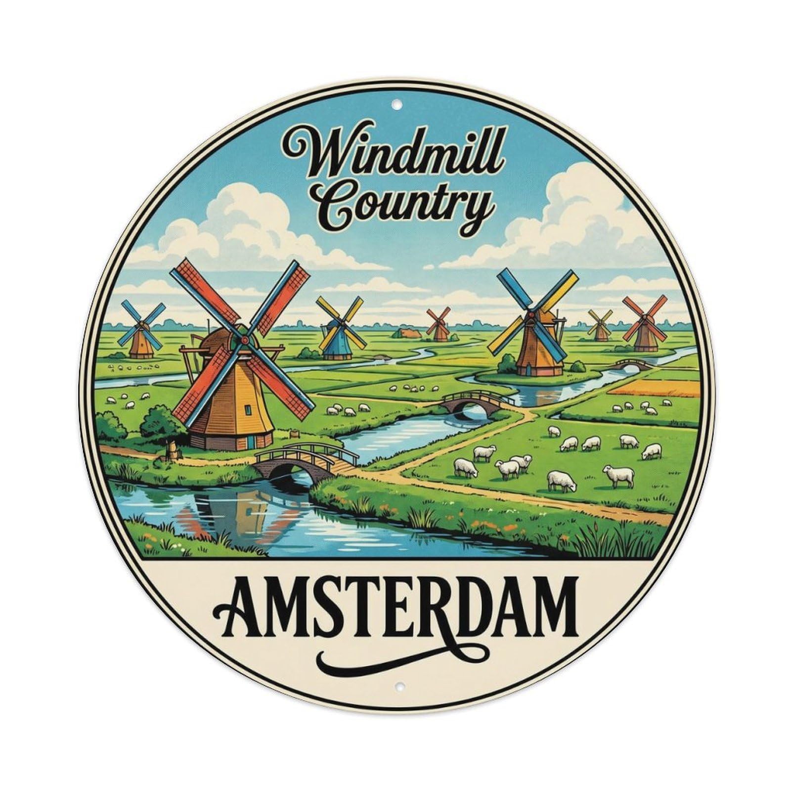 Vintage Travel Amsterdam Windmill Fields Metal Tin Sign Plaque