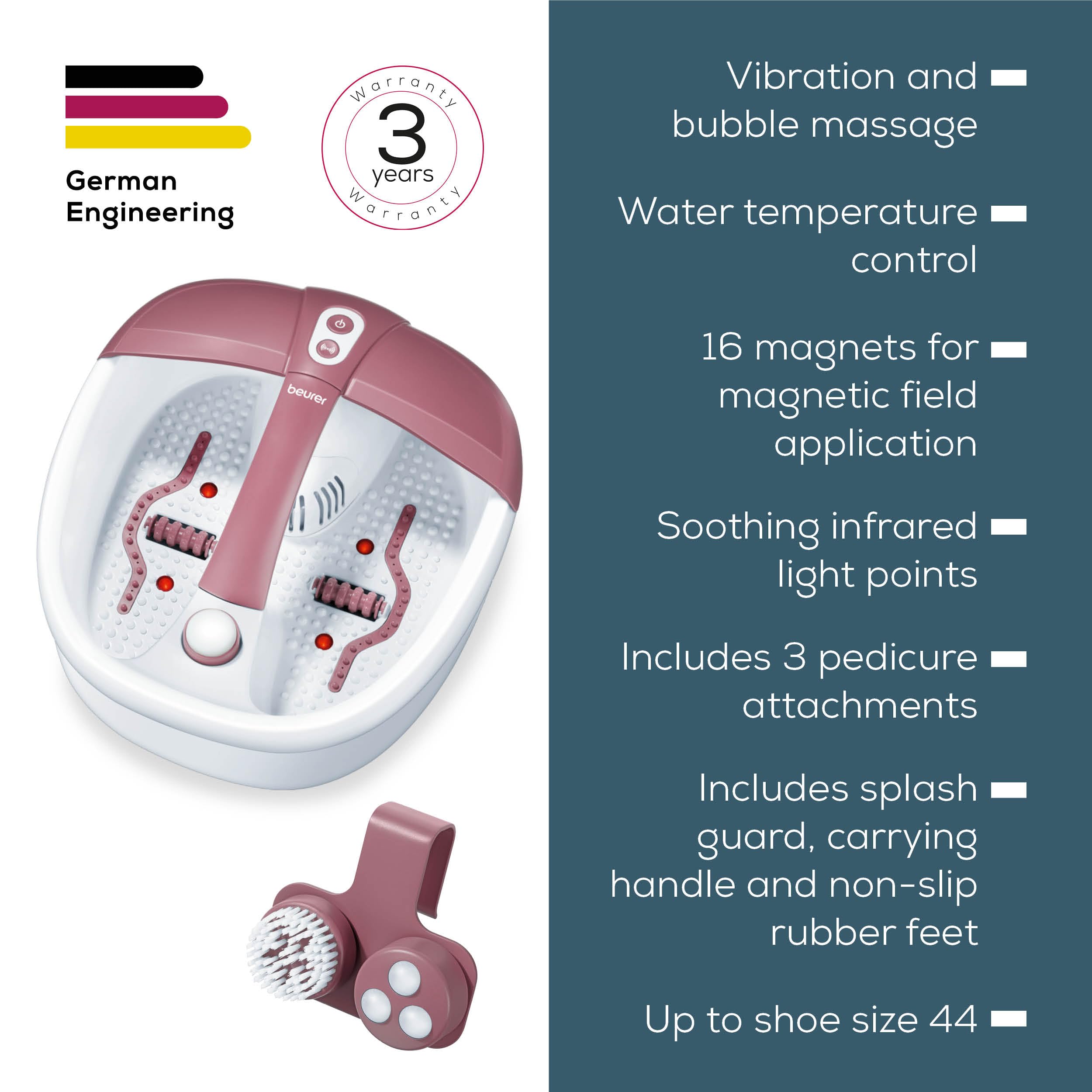 Beurer FB 35 foot spa bath with vibration & bubble massage, incl. 3 interchangeable pedicure attachments, water temperature control, infrared light points & option for aromatherapy, up to shoe size 44