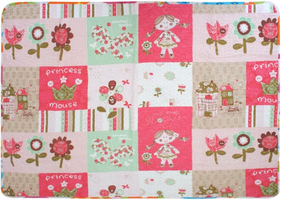 ABREEZE Cotton Coverlet Quilt Bedspread Girls Throw Blanket 43" X 51" Toddlers and Baby Quilt Nursery Bed Blanket Princess Rose Red Nursery Quilted Blanket