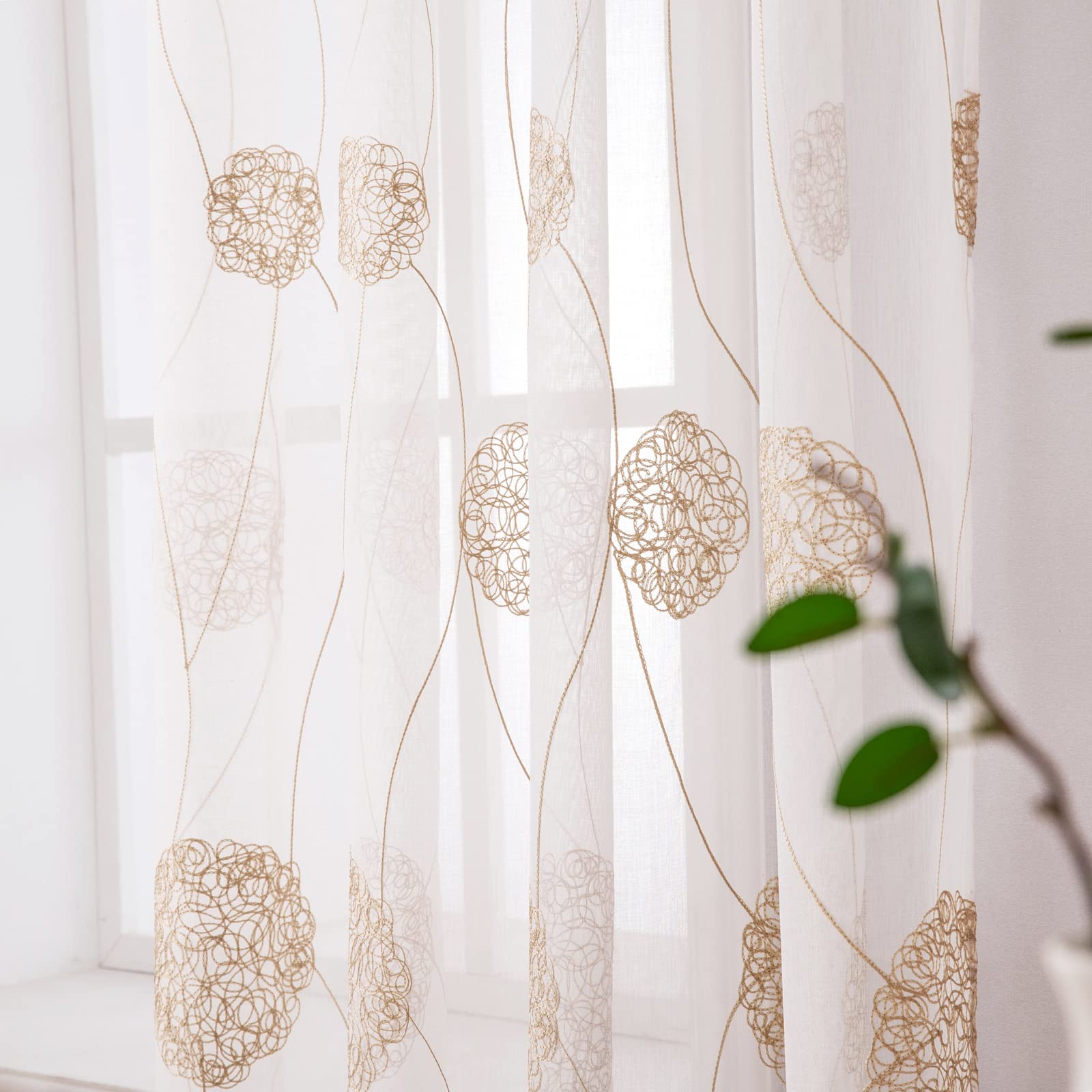 MIULEE Rideau Voilage Blanc à Oeillets avec Or Motif Broderie, Lot de 2 Rideaux Tulle Transparent 140x225cm pour Salon Chambre