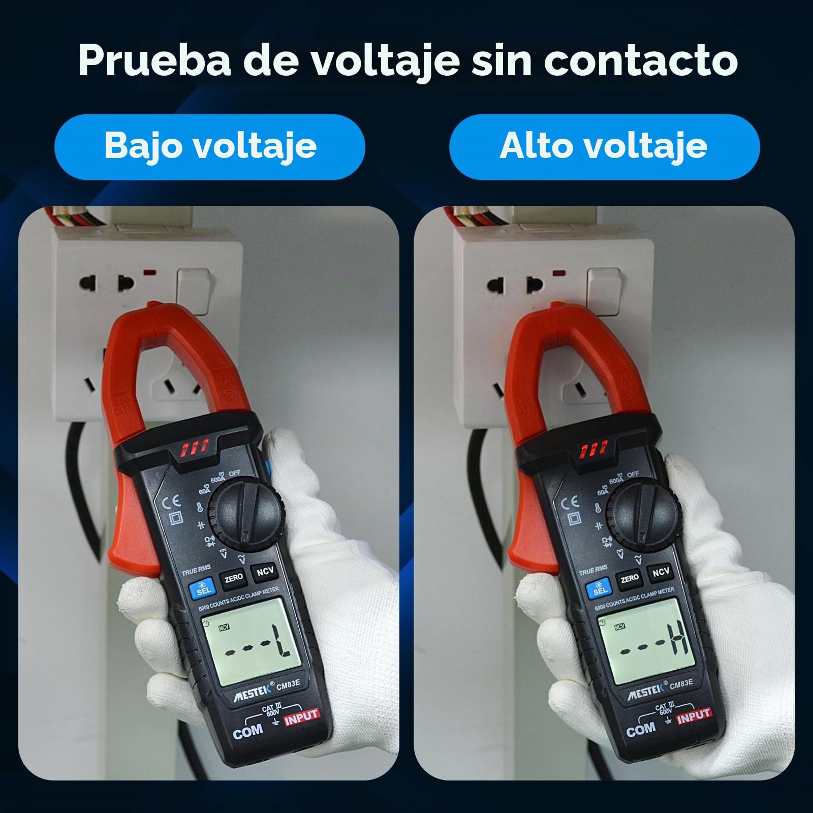 Pinza Ampérimetrica CA/CC MESTEK, Multímetro Digital Polimetro Voltímetro Amperimetro 6000 Cuentas T-RMS Autorango, Tester para Corriente Voltaje Resistencia Continuidad Temperatura Diodo Bateria NCV