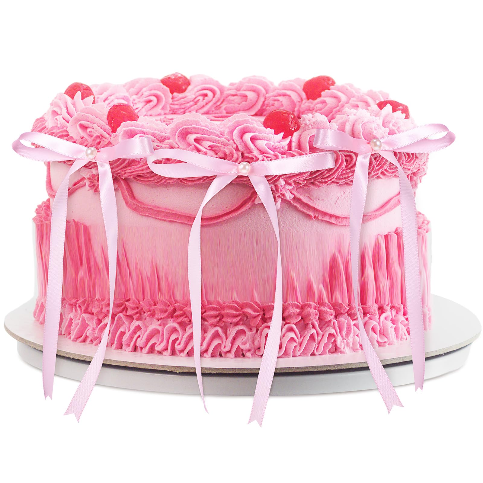 Riceshoot 6 Pcs Pink Bow Ribbon and Pearl Cake Topper, 5x7 Vintage Cupcake Decorating for Coquette Themed Party, Bridal Party Decoration, Birthday