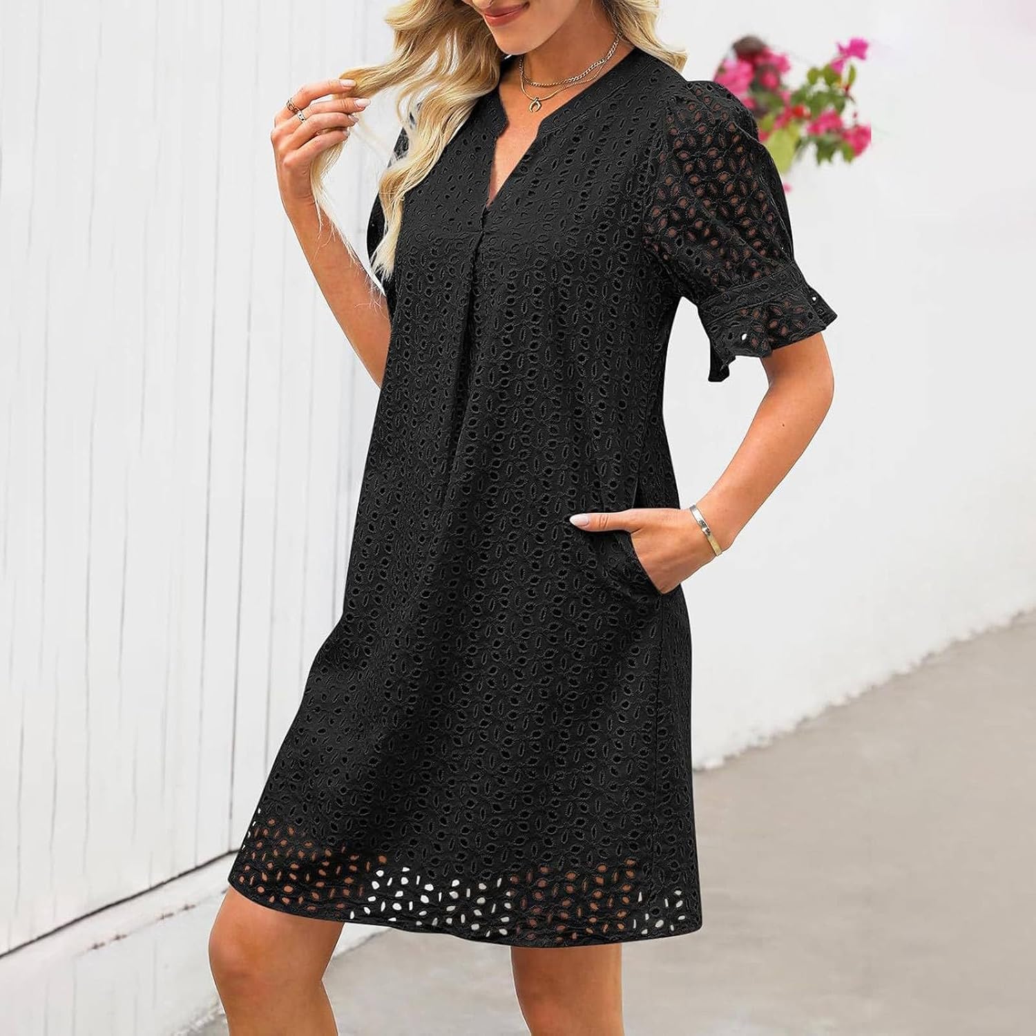 Boho Summer Dresses for Women 2025 Resort V Neck Short Sleeve Hollow Out Lace Ruffle Casual Beach Mini Vacation Dress