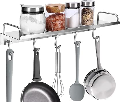 Spice Holder Rack, Coffee Mugs Storager Rack for Glass Jars Bottles, 304 Stainless Steel Shelf, Heavy Duty Kitchen Organizer Wall Mounted, Pots Pans Hanger Holder, 16 Inch With 5 Hooks Silver