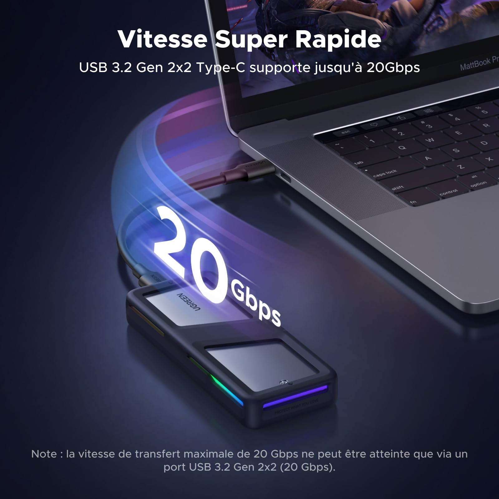 UGREEN Boîtier RGB M.2 NVMe SATA SSD USB C 3.2 Gen 2 20 Gbps M.2 SSD | pour NVMe SATA 2230 2242 2260 2280 Compatible avec iPhone 17 Pro Max Air Mac MacBook PC Windows Linux PS5 Xbox