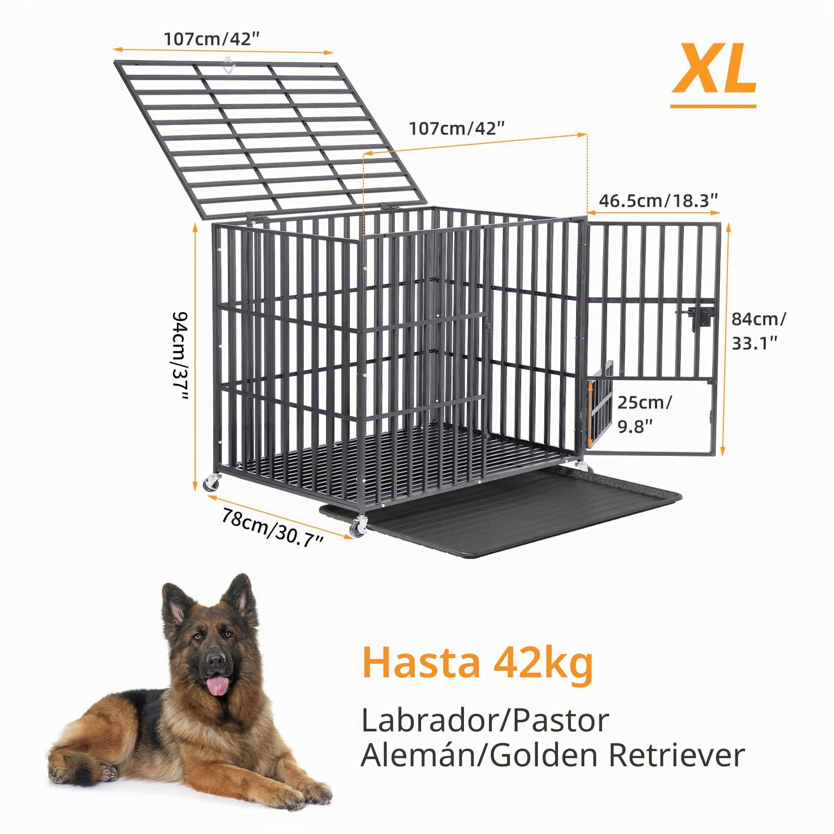 BingoPaw Jaula Perro Grande: XL Jaulas para Perros de Alta Resistencia Casa Interior Exterior Dog Crate Transporte con 4 Ruedas, 3 Puertas con Cerradura y Banjeja Extraible, 107x77.5x88.5cm