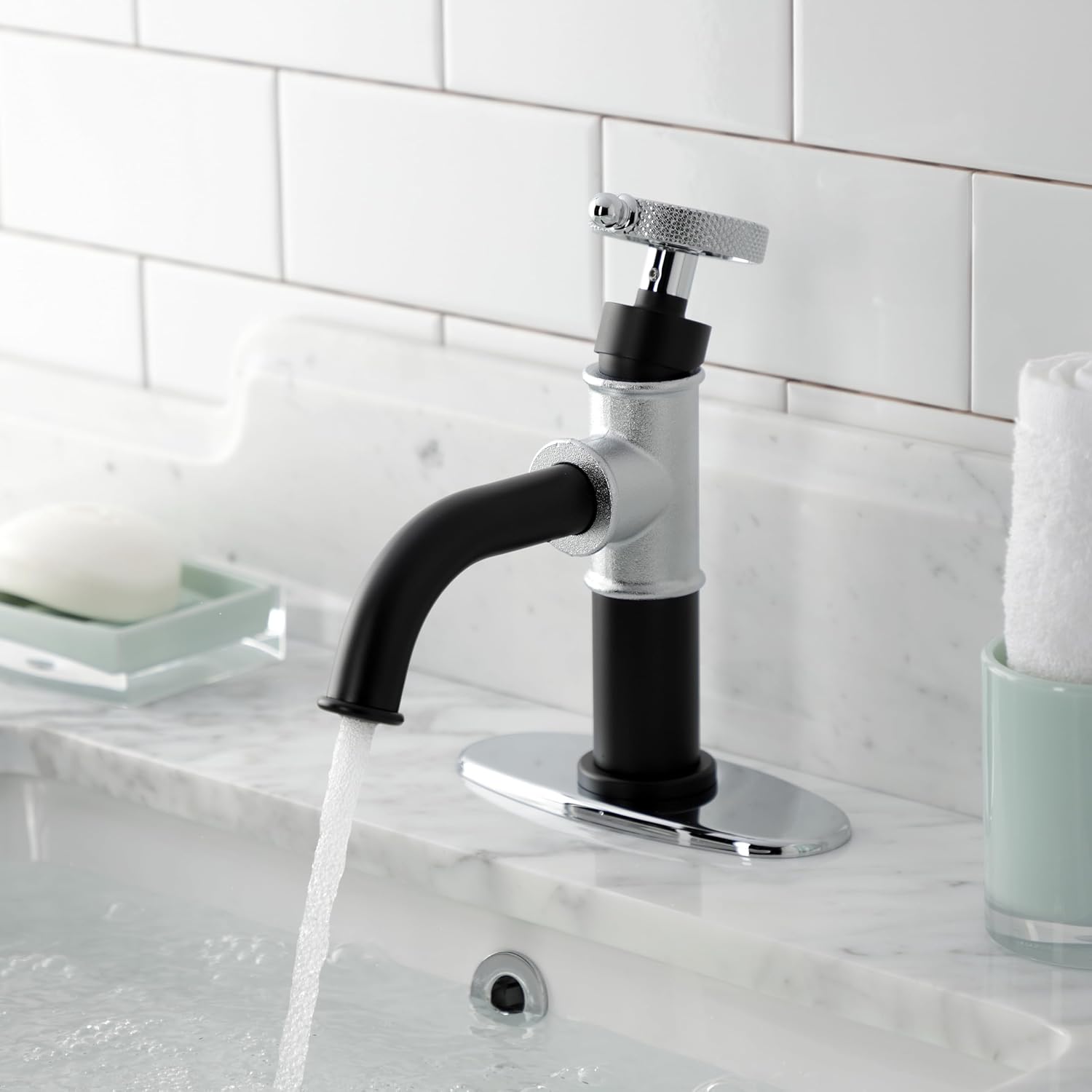 Kingston Brass KSD2821RKX Webb Single-Handle 1-Hole Deck Mount Bathroom Faucet with Knurled Handle and Push Pop-Up Drain in Matte Black/Polished Chrome