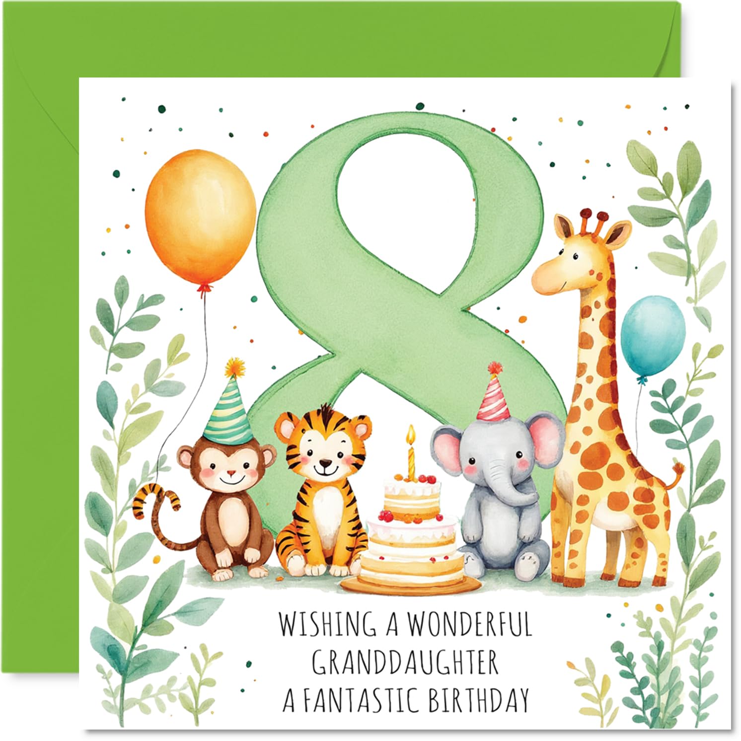 Playful 8th Birthday Card for Granddaughter - Bursting with Birthday Cheer - Cute Animals with Cake and Balloons in Bright Colours - 145mm Square, Envelope Included