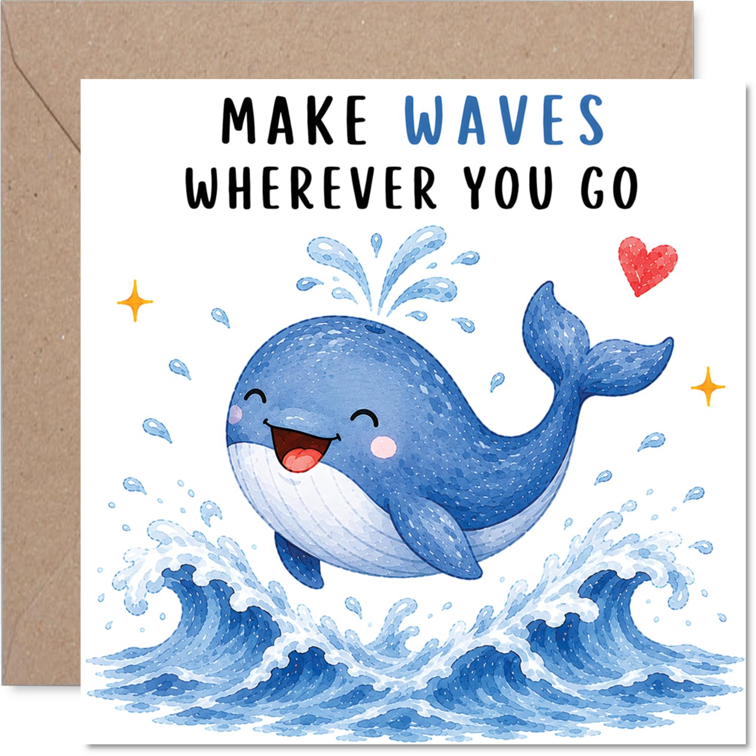 Playful Good Luck Card - Make a Splash with This Adorable Watercolour Whale - Ocean Waves, Red Heart and Sparkling Details - 145mm Square, Envelope Included